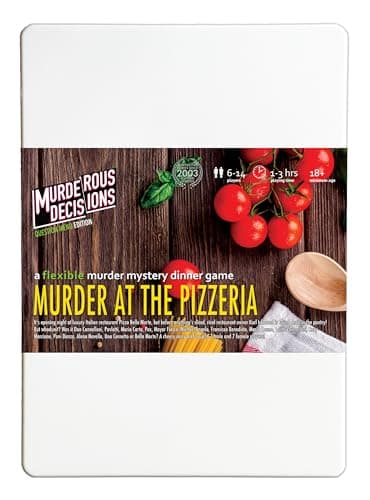 Murder at the Pizzeria dinner party game box with colorful Italian restaurant illustration on the lid, and included player character booklets and clue cards spread beside it