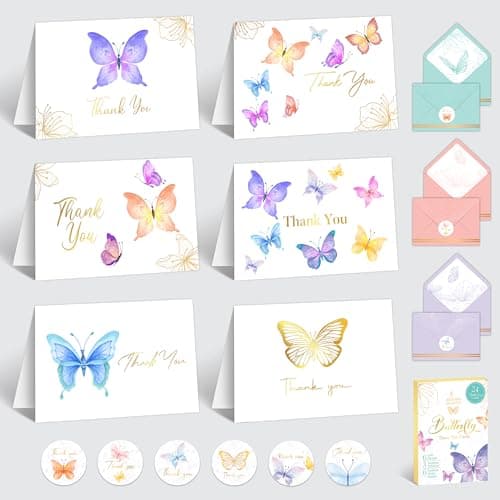 Decorably 24-pack gold foil butterfly thank-you cards with envelopes for kids birthday party