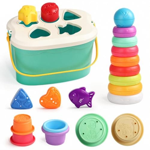 Colorful stacking rings and shape sorter 3-in-1 learning toy for one-year-old babies