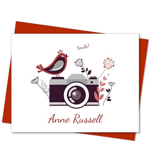 Photography note cards with camera print design and matching envelopes, blank inside for a handwritten thank-you note