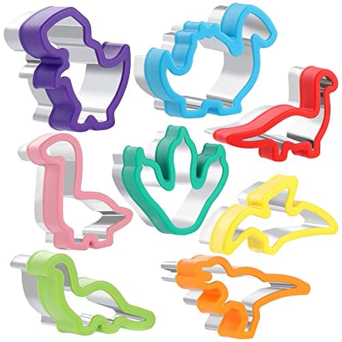 Set of dinosaur-shaped stainless steel cookie and sandwich cutters