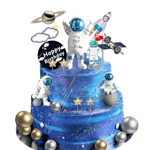 22-piece space birthday cake topper set with astronaut figurine, rocket, planet rings, and star picks