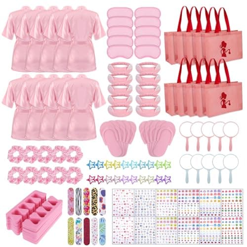 Hoemwarm 10-pack pink girls spa party kit showing satin robes, eye masks, spa headbands, and nail accessories