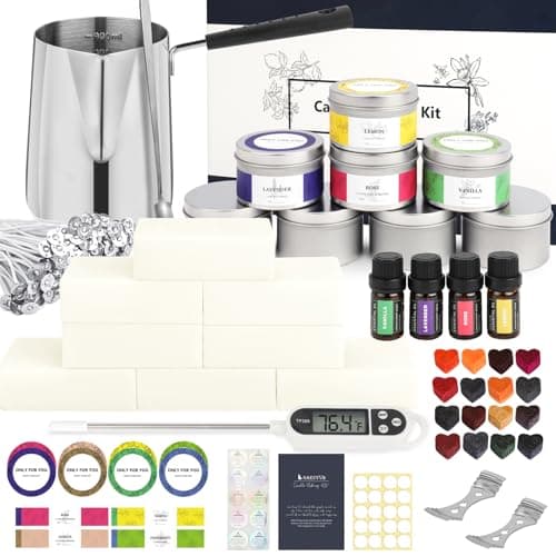 SAEUYVB candle making kit with soy wax, candle tins, dye blocks, fragrance oil bottles, wicks, and a melting pot laid out on a white surface