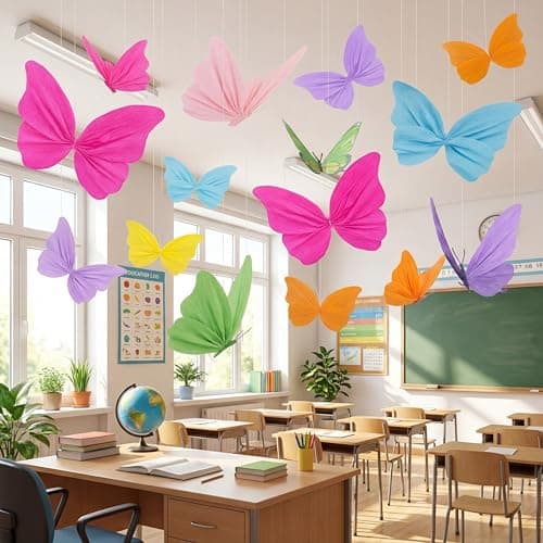 Set of 28 pastel butterfly ceiling hanging decorations in graduated sizes for party or classroom