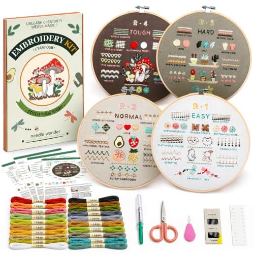 CYANFOUR beginner embroidery kit packaging with stitch pattern guide and embroidery tools on white background