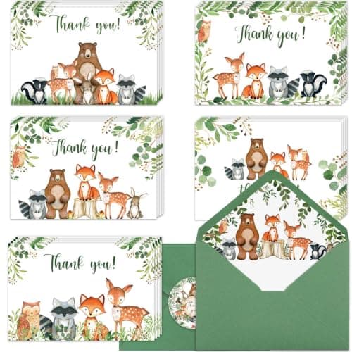 Woodland creatures thank-you notecards with matching green envelopes and stickers, 50-pack