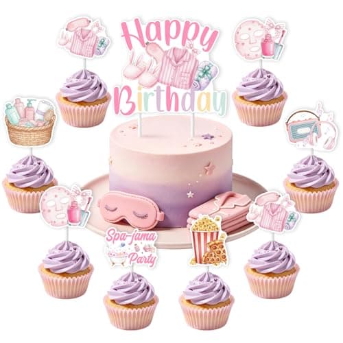 Wonmelody spa-themed birthday cupcake toppers and matching cake topper picks for a teen pamper party