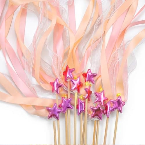 Pack of 12 ribbon lace fairy wands with bells for garden party favors