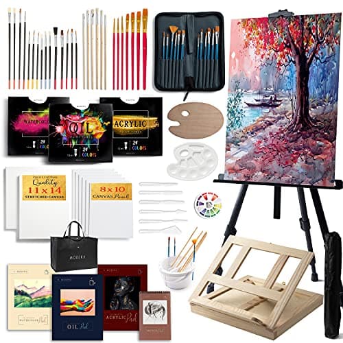 141-piece artist painting set laid out flat showing aluminum easel, multiple paint tubes in three mediums, brush sets, stretched canvases, and sketch pads