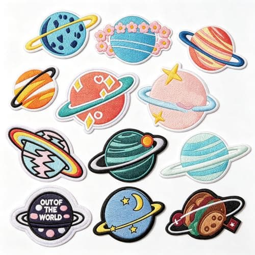 Space planet iron-on patches 12-piece set for kids backpacks, hats, and clothes