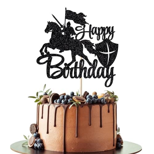 Knight figure Happy Birthday cake topper with medieval shield and sword detail on white background