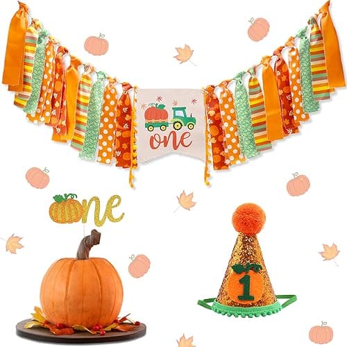 Vansolinne Little Pumpkin first birthday highchair banner fall harvest 3-in-1 set with cone hat