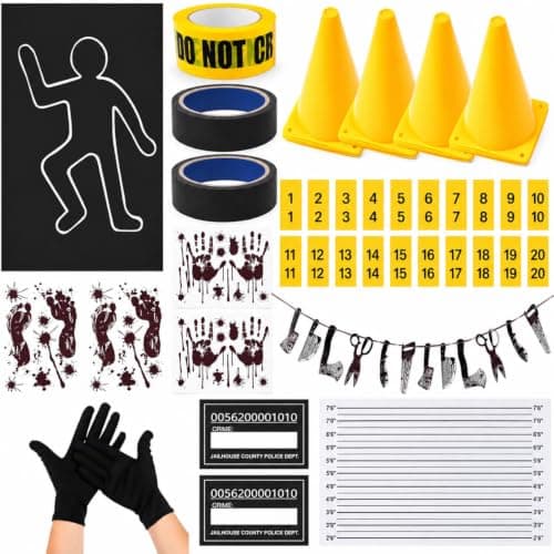 Crime scene decoration kit components including a large body outline silhouette, yellow caution tape roll, numbered evidence marker tents, paper knife props, and bloody footprint stickers arranged on a white background
