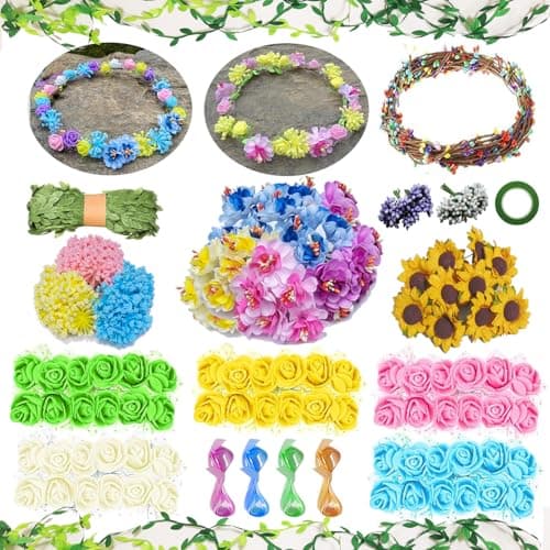 DIY flower crown craft kit contents showing wire bases, silk flowers, and ribbon components in assorted colors