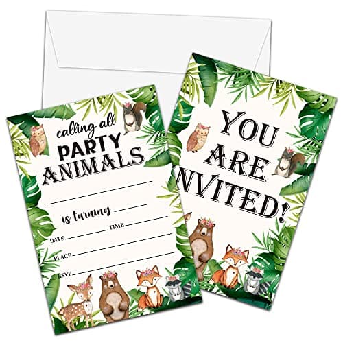Pack of woodland forest animal fill-in birthday party invitation cards with envelopes, 20 count