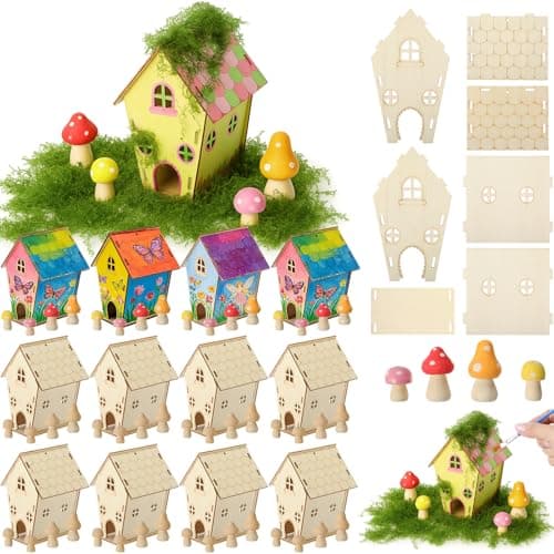 Wooden fairy house DIY craft kit 12-pack with paints and decorations for kids party activity