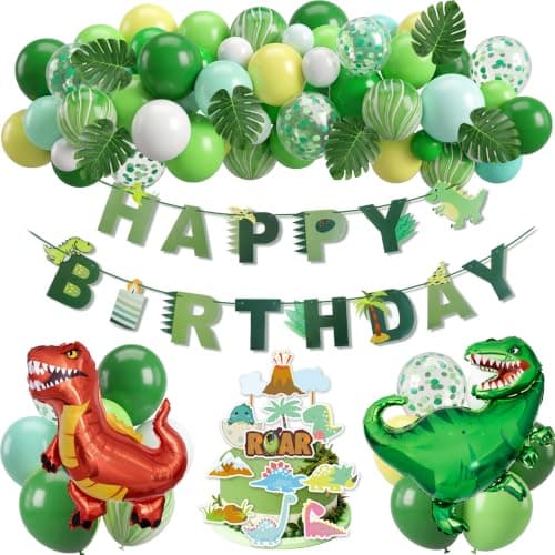 Dinosaur birthday party balloon garland kit with large foil dino balloons and Happy Birthday banner