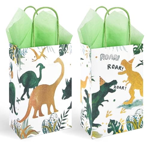 DjinnGlory T-Rex dinosaur themed gift bags with rope handles and green tissue paper, 36-pack, 2 assorted designs