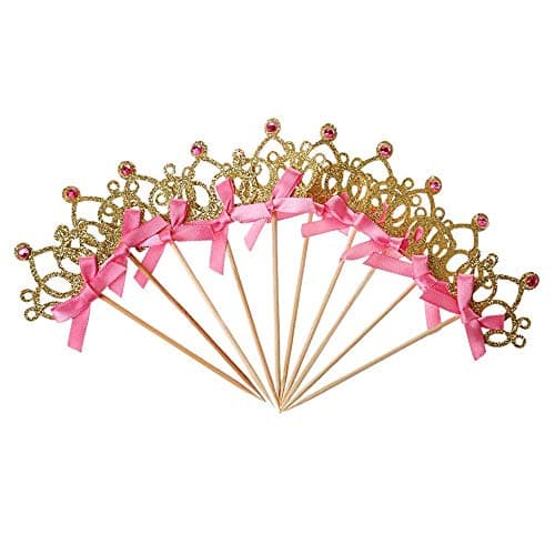 Gold glitter princess crown tiara cupcake toppers set of 20 with pink bow accents