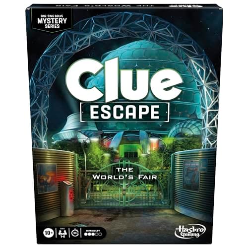 Clue Escape The World's Fair board game box with the 1893 World's Fair illustration, showing room cards, clue tokens, and suspect pawns spread beside it