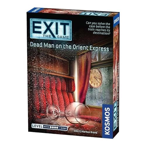 EXIT Dead Man on the Orient Express escape room card game box with train illustration, beside a spread of puzzle cards and the cipher wheel decoder tool