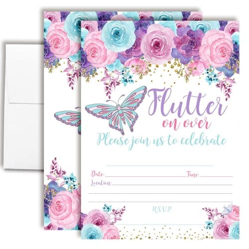 Amanda Creation butterfly birthday fill-in party invitations for girls, floral pink blue purple design