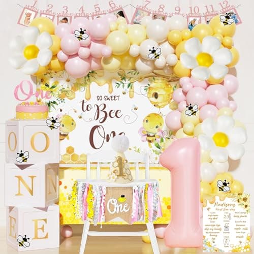 Fiesec first bee day decorations for girl 108 pieces with so sweet to bee one backdrop banner pink yellow balloon garland kit and tablecloth