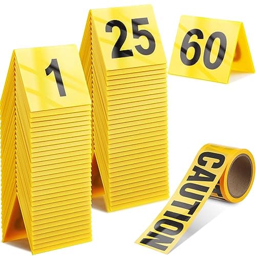 Yellow caution tape roll beside a set of numbered yellow crime scene evidence marker tents arranged on a dark surface