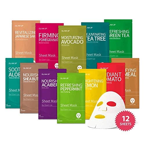GLAM UP Korean facial sheet mask 12-pack assortment in individually packaged envelopes with different formulas