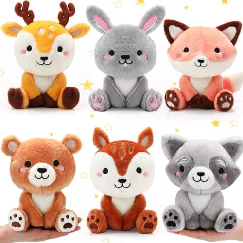 Set of six 7-inch woodland animal stuffed plush toys including bear, rabbit, squirrel, deer, raccoon and fox