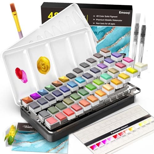 Emooqi watercolor paint set with 48 color pans in a portable zippered case, watercolor paper sheets, and watercolor brushes arranged beside the open case