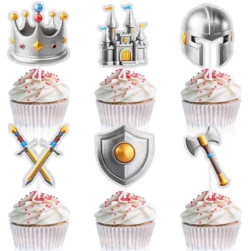 Set of 18 medieval-themed cupcake picks including knight armor, castle, and shield designs on white background