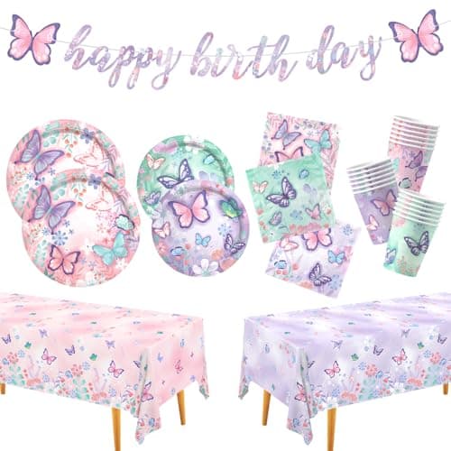 Butterfly birthday party tableware set with disposable plates cups napkins tablecloth and banner for 24 guests