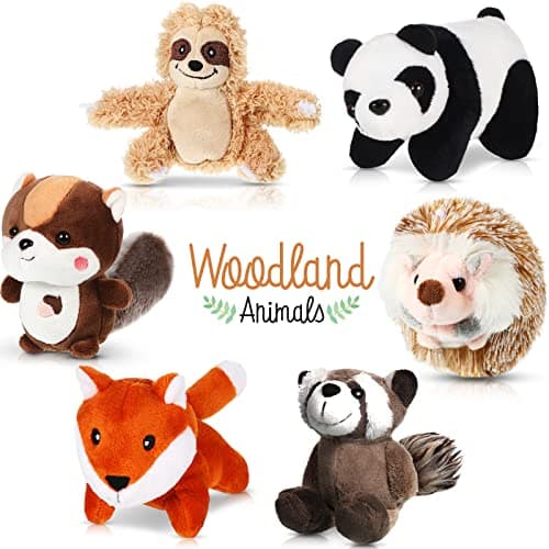 Six 4-inch mini woodland stuffed animals including fox, hedgehog, raccoon, sloth, squirrel, and panda