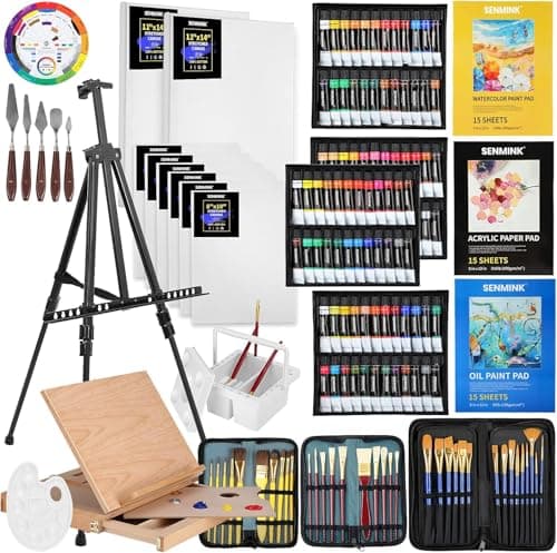 149-piece artist painting set with aluminum field easel, beech wood table easel, acrylic and oil paint tubes, and watercolor paints