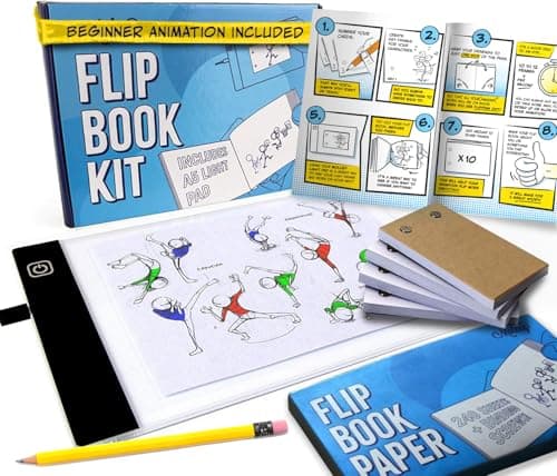 Flip book kit with LED light tracing pad, three pads of perforated flipbook paper, and a pen shown with a completed animation example