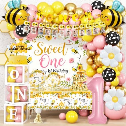 301-piece Sweet One bee first birthday decorations set with balloon garland, ONE boxes, and tableware for 25 guests