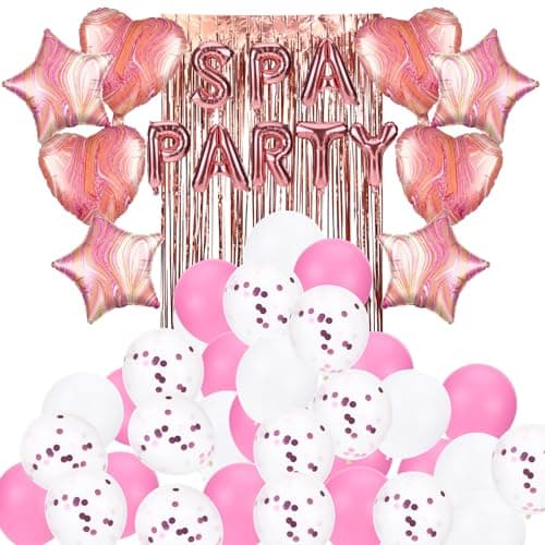 47-piece spa party decorations set with birthday banner, foil fringe curtain, and pink star and latex balloons for girls