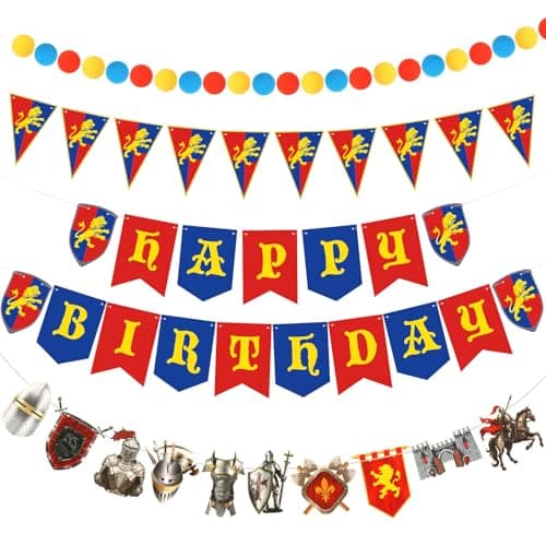5-piece medieval birthday party decoration set with coordinated theme elements on white background