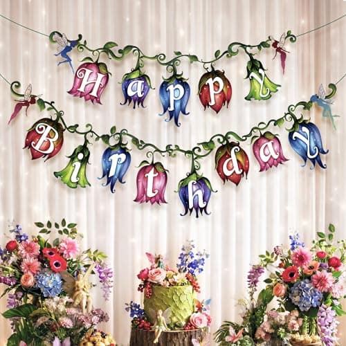 Enchanted forest woodland fairy themed Happy Birthday party banner