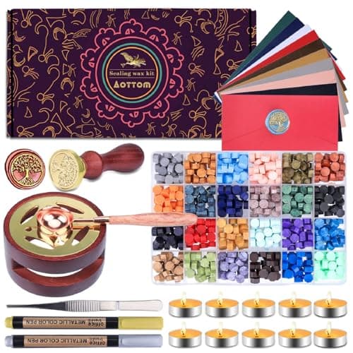 Wax seal stamp kit in open box showing seal stamp, wax warmer, taper candles, and assorted colored wax beads