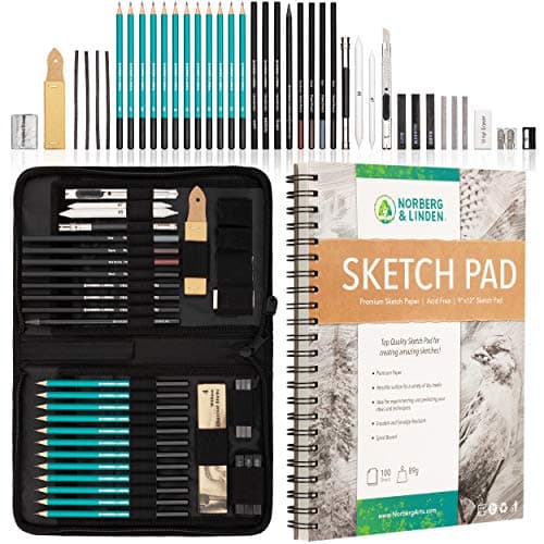 Norberg & Linden XXL drawing set with graphite pencils in multiple grades, charcoal sticks, vine charcoal, kneaded eraser, blending tools, and a 100-page drawing pad in a zip carry case