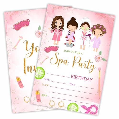 Cudwid spa birthday party invitation cards with glamorous makeup and beauty graphics, double-sided fill-in style