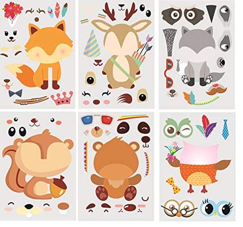Woodland creatures sticker sheets 30-pack with fox, owl, bear, squirrel, deer, and raccoon designs
