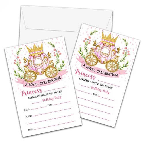 Pack of princess-themed pink and gold fill-in birthday party invitation cards with envelopes