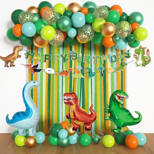Dinosaur birthday party decoration kit with banner, foil balloons, and crepe paper streamers in green, orange, and gold