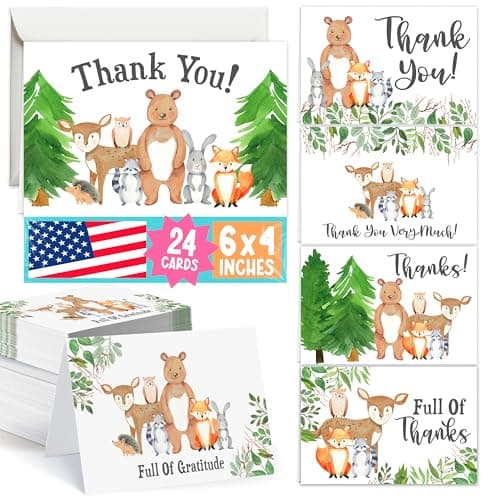 Woodland animal birthday thank-you cards with envelopes, 24-pack, blank inside