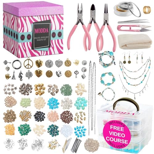 MODDA deluxe jewelry making kit with assorted seed beads, wire coils, pliers, and a video course guide displayed on a white background