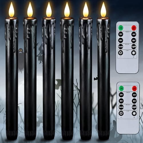 Six black taper candles with flickering LED flames in candlestick holders, lit and arranged along the center of a dark wood dinner table